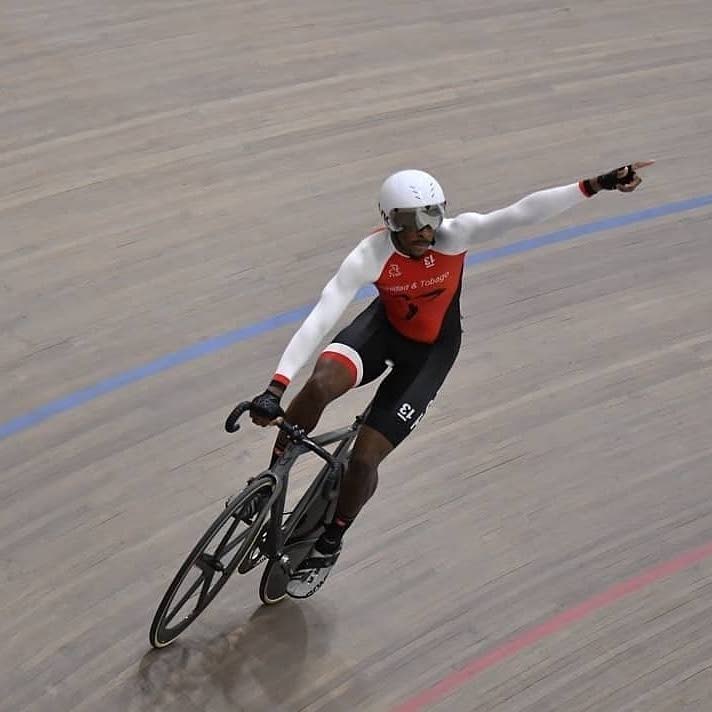 TT's Akil Campbell celebrates the capture of Trinidad and Tobago's first-ever endurance medal at the Pan American Track Cycling Championships recently. -