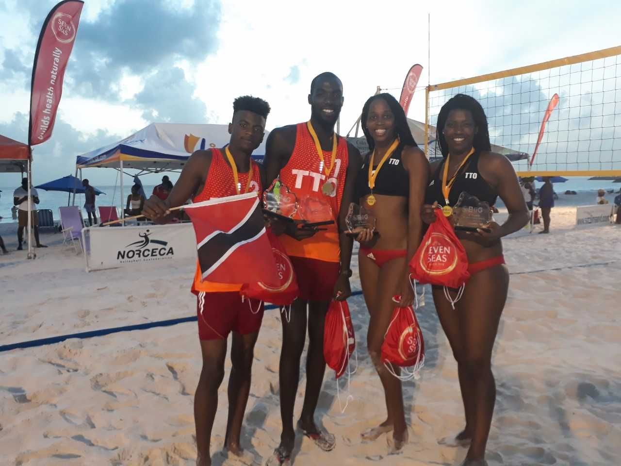 T&T's beach volleyballers Daneil Williams, from left, Daynte Stewart, Abby Blackman and Rheeza Grant.