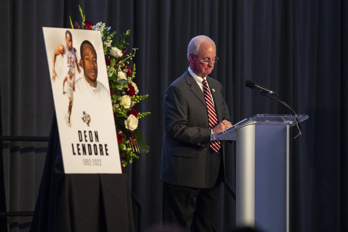 Texas A&M track adn field coach Pat Henry chokes back emotion Thursday while speaking about Deon Lendore during a Celebration of Life for the former Texas A&M track and field athlete and volunteer assistant track and field coach in the Hall of Champions at Kyle Field. Lendore died in a car accident Jan 10.