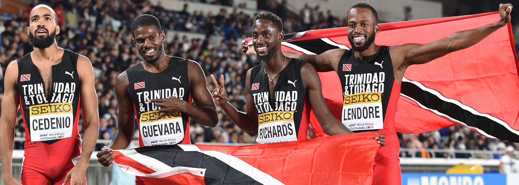 Machel Cedenio, Asa Guevara, Jereem Richards and Deon Lendore at the World Athletics Relays (© Getty Images)