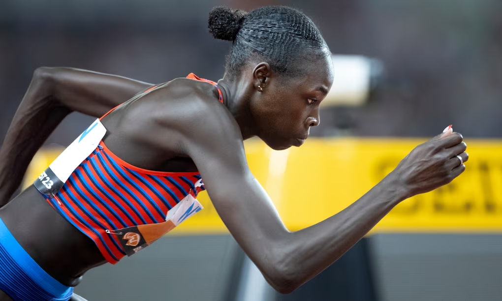 Athing Mu at the start of the 800m final at the 2023 world championships, her last championship race. Photograph: Tim Clayton/Corbis/Getty Images (Image obtained at theguardian.com)