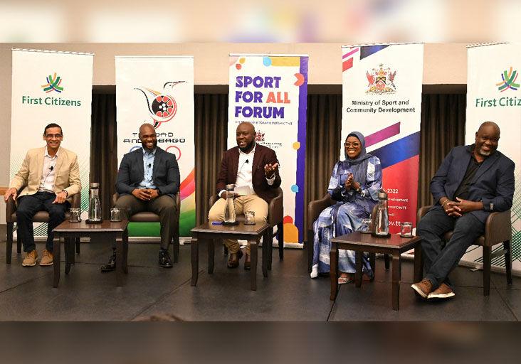 EXPERT OPINIONS: From left, First Citizens Sports Foundation’s Mark Mungal; Director of Sport and Physical Education, Ministry of Sport and Community Development Gabre-Jesu McTair; moderator Gyasi Merrique; RYU Dojo Foundation’s Shihan Marv Logan John; and Trinidad and Tobago Olympic Committee’s Anthony Marcano, during a panel discussion at the Sport For All Forum at the Hyatt Regency hotel, Port of Spain, last Saturday. --Photo ISHMAEL SALANDY (Image obtained at trinidadexpress.com)